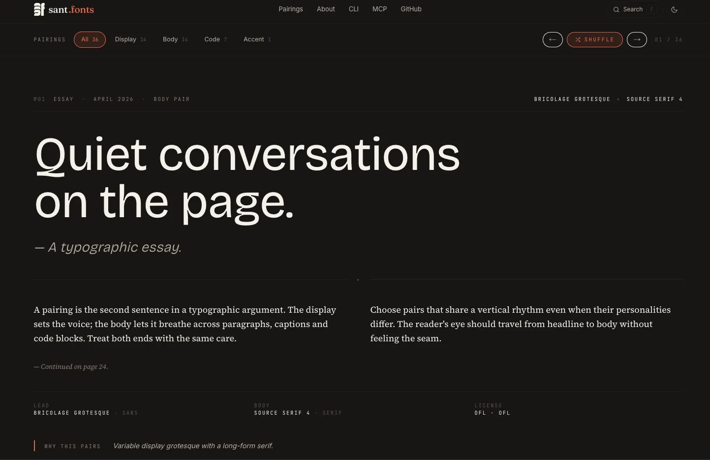 Sant Fonts pairings page: 'Quiet conversations on the page', Bricolage Grotesque + Source Serif