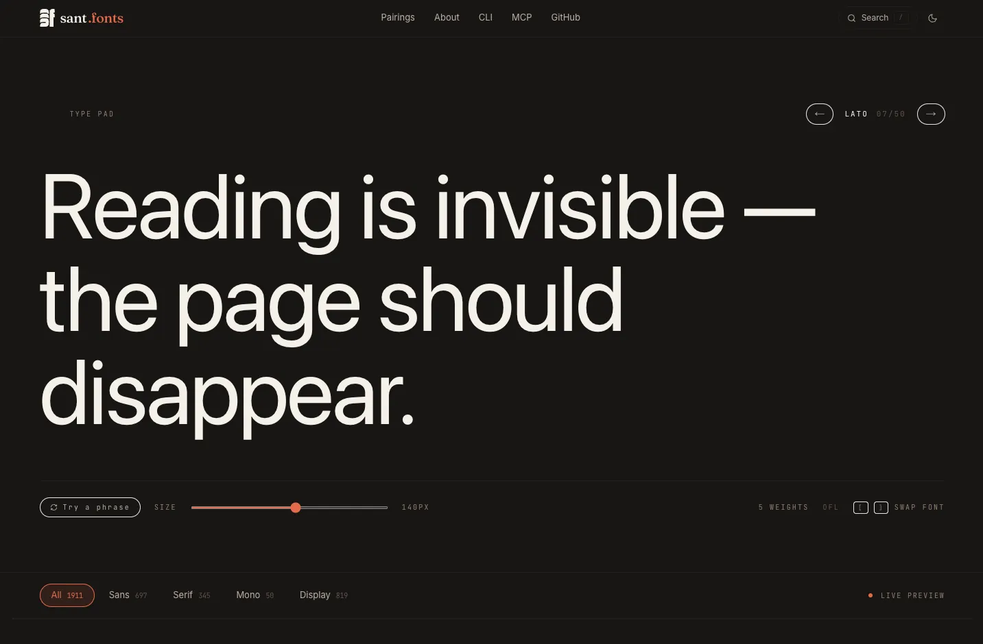 Sant Fonts type pad in dark mode: same Lato specimen, terracotta accent on bone-on-ink