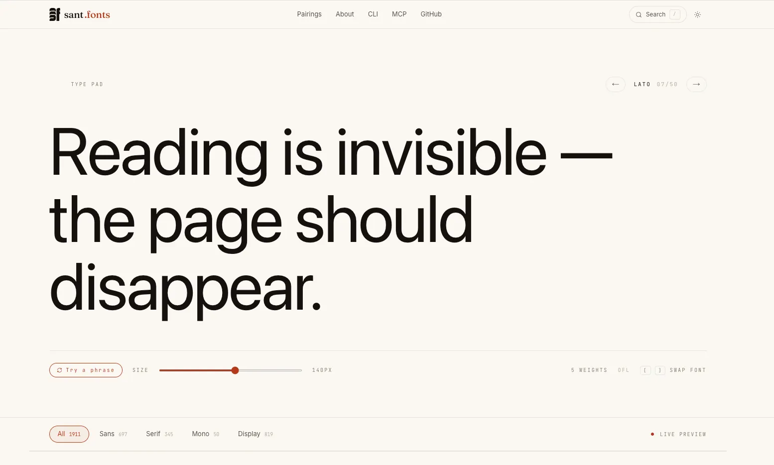 Sant Fonts type pad: Lato specimen rendering the editorial phrase 'Reading is invisible'