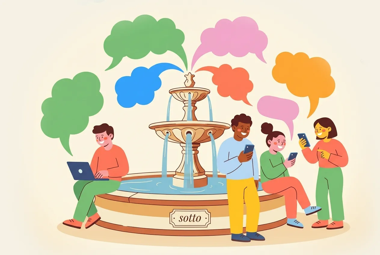 Characters gathered around a fountain, speech bubbles rising like water, each voice unique