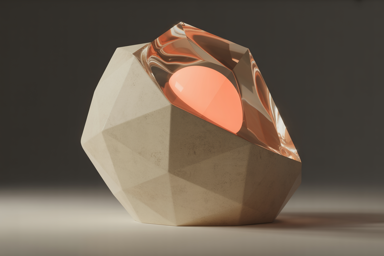 Faceted geometric form with glass window revealing coral core representing clarity and insight