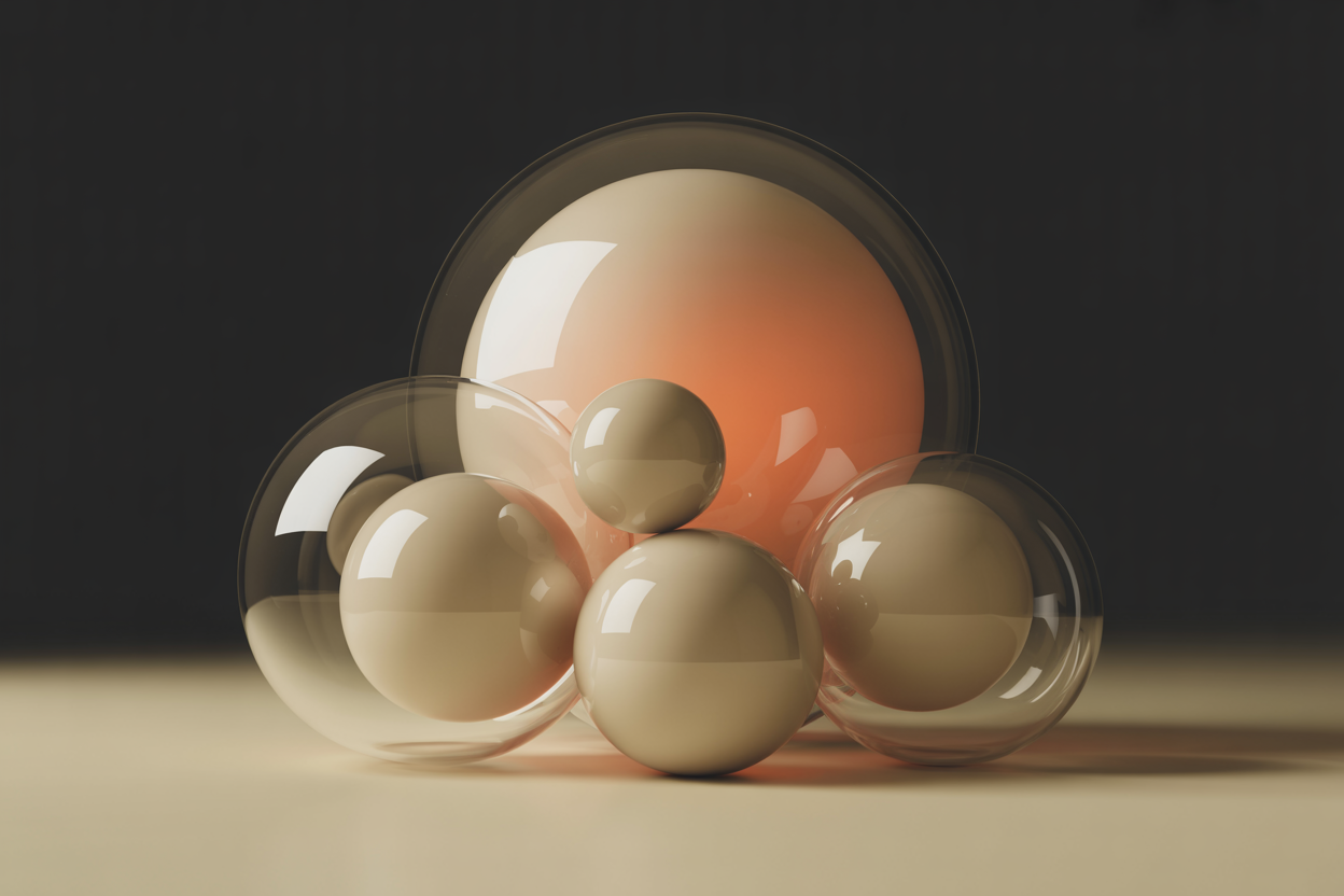 Interconnected ceramic spheres with glass protective domes representing Sant Cloud infrastructure